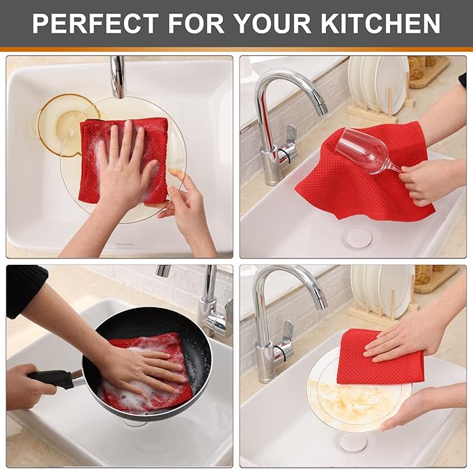 Kitinjoy 100% Cotton Kitchen Dish Cloths, 8 Pack Waffle Weave Ultra Soft Absorbent Dish Towels for Drying Dishes Quick Drying Kitchen Towels Dish Rags, 12 X 12 Inches, Red