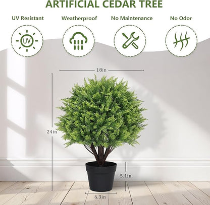 24" Artificial Cedar Topiary Trees Set of 2 – UV Resistant Faux Cypress Pine Plants for Outdoor Planters, Realistic Fake Bushes and Shrubs for Front Porch, Patio Christmas Decor – 2ft Tall