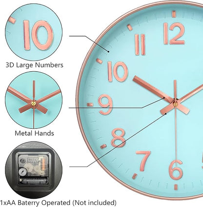 Modern Wall Clock, 10 Inch Digital Wall Clocks Battery Operated, Round Non Ticking Silent Analog Clock for Bedroom Living Room Kitchen Office Gym Classroom Decor, Blue Battery Clock