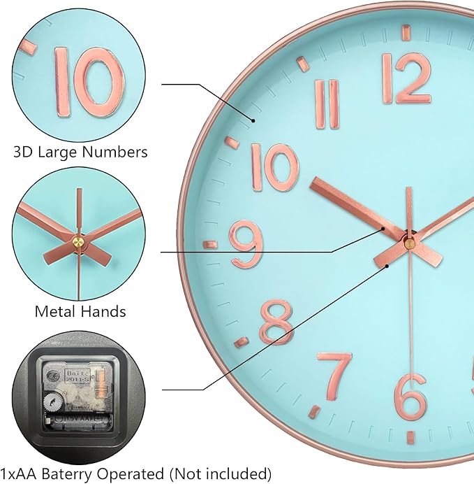 Wall Clocks Battery Operated, 12 Inch Non Ticking Digital Wall Clock, Silent Analog Clock for Bedroom Living Room Kitchen Office Gym Classroom, Large Number Clocks for Seniors Elderly, Blue