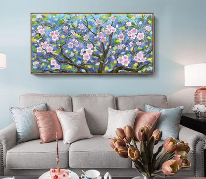 ARTZON Large Framed Canvas Wall Art Pink Green Tree Flower Artwork Plum Blossom Botanical Aesthetic Gallery-wrapped Nature Picture for Living Room Above Bed Women Girly Bedroom Hallway Decor 48"x24"