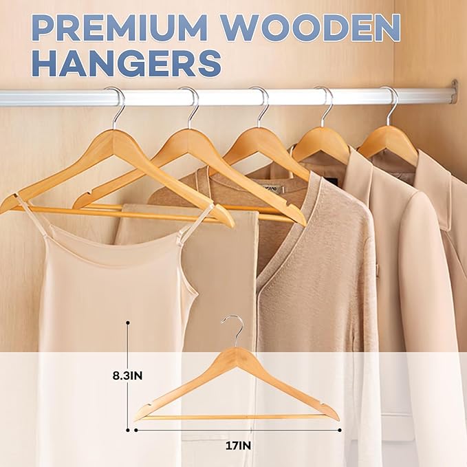 Wooden Hangers 8 Pack, Heavy Duty Wood Hangers for Coats, Suits, Jackets, Closet & Pants Durable Premium Wood Hanger with 360-Degree Rotatable Hook and Notches, Natural