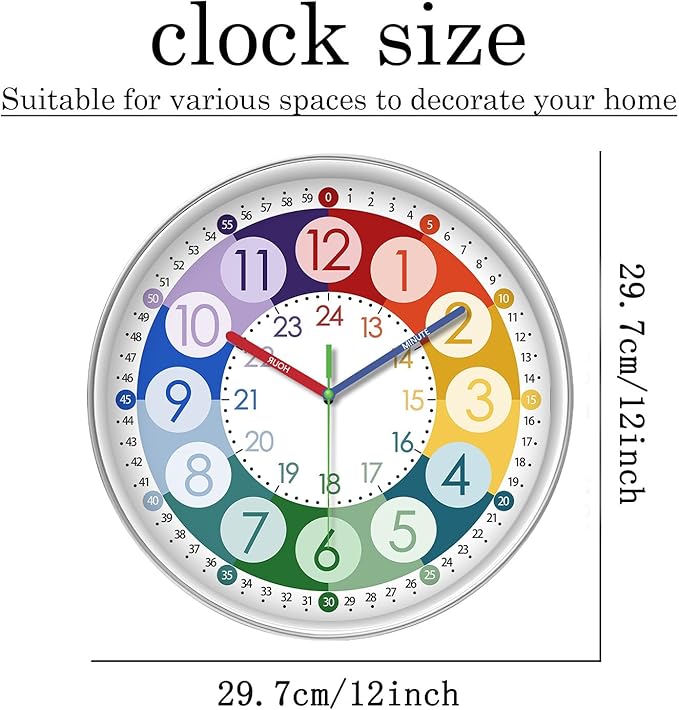 XFM Learning Clock for Kids 12 Inch Colorful Teaching Time Wall Clocks Battery Operated Silent Analog Clock for Kids Room Classroom School Playroom