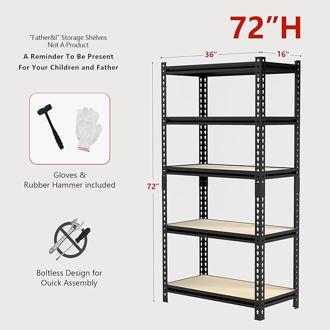36" W Father&I 5-Shelf-Rack Industrial Metal Steel Utility Garage/Kitchen Storage Stand Shelves Shelving Unit Adjustable 5T Heavy-Duty Organizer for Bin/Closet/Pantry/ 72" H*36W*16D, Black