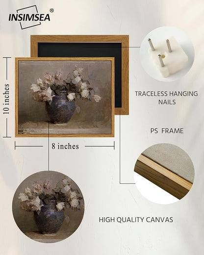InSimSea Framed Canvas Print , Roses in Vase Classical Oil Paintings for Wall Decorations Canvas wall art for Bedroom Living Room Bathroom Decor ,Farmhouse Decor 8x10in
