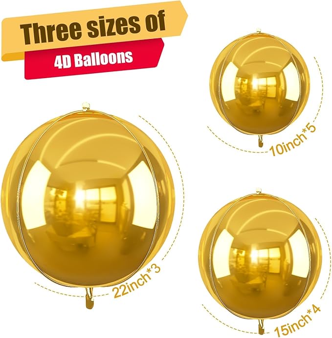 12Pcs Gold Round Foil Balloons, 22" 15" 10" 4D Ball Balloons, Metallic Gold Foil Balloon for Birthday Graduation Wedding Anniversary New Year Eve Disco Party Backdrop Decorations