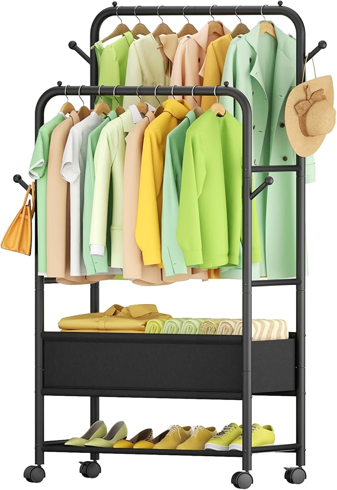 Clothing Racks for Hanging Clothes, Portable Clothing Rack with Wheels Rolling Clothes Racks, Black Garment Racks-Storage Box