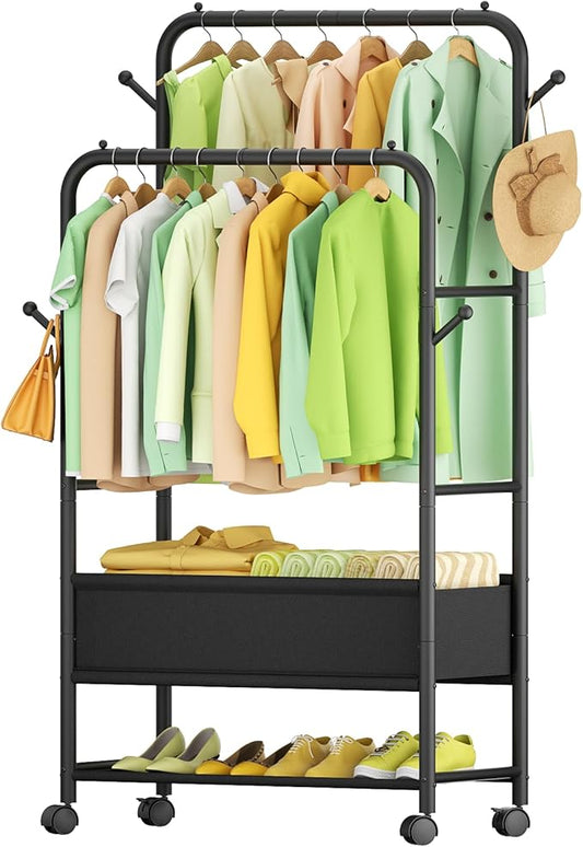 Clothing Racks for Hanging Clothes, Portable Clothing Rack with Wheels Rolling Clothes Racks, Black Garment Racks-Storage Box