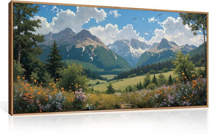 HLNIUC Green Forest Mountain Landscape horizontal Wall Art Framed, Colorful Wildflower Nature Decor(20x40), Blue Sky White Cloud Canvas Painting, Woodland Tree Print for Living Room, Bedroom, Office