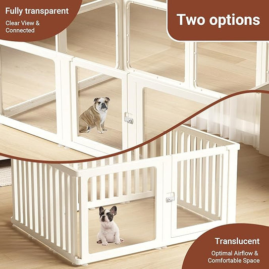 Transparent 10-Panel Dog Playpen, Acrylic Indoor/Outdoor Puppy Pen for Small & Medium Dogs, 30 Inch with Door, White(Fully Transparent 74 * 50 Single Room,30 inch)