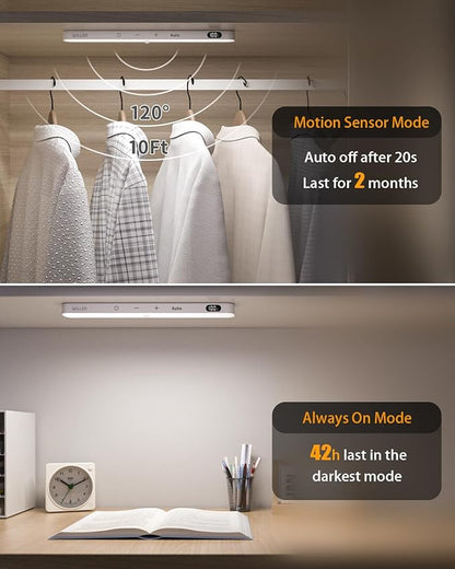 WILLED Motion Sensor Light Indoor, Battery Display, 60 LED Touch Light Bar, Under Cabinet Lights Rechargeable, Battery Operated Closet Light Wireless, Stick on Under Counter Lights for Kitchen(4 Pack)