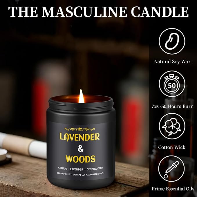 Lavender Woods Candle, 7 oz Scented Candle for Men, Soy Candles for Home Scented, Masculine Jar Candle for Him, 50 Hours Burning Time Mens Candle Gift for Boyfriend, Father, Birthday Present Giving