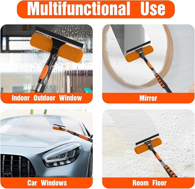 30FT Window Squeegee with Extension Pole, 2-in-1 Squeegee for Window Cleaning, Professional Cleaning Kit for Home with 24FT Telescoping Pole for Outdoor Indoor Use