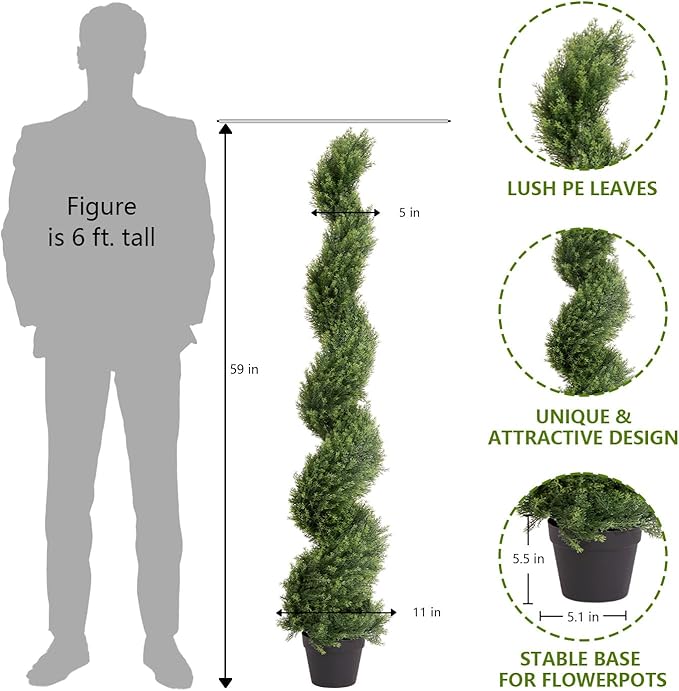 THE BLOOM TIMES 5ft Artificial Topiary Trees Set of 2, Faux Cedar Cypress Spiral Topiary Trees Outdoor - Fake Plants for Garden Front Porch Indoor Outside Planter Christmas Decor 5 Foot