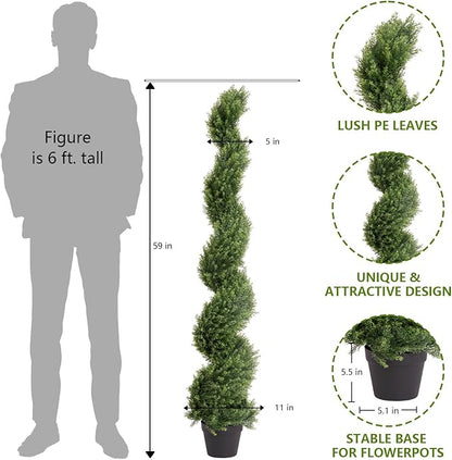 THE BLOOM TIMES 5ft Artificial Topiary Trees Set of 2, Faux Cedar Cypress Spiral Topiary Trees Outdoor - Fake Plants for Garden Front Porch Indoor Outside Planter Christmas Decor 5 Foot