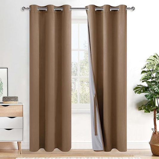 XWZO 100% Blackout Curtain Panels - Thermal Insulated Black Liner Curtains, Noise Reducing and Heat Blocking Drapes for Hall and Studio Windows with Tiebacks, Cappuccino, W42 x L84, Set of 2