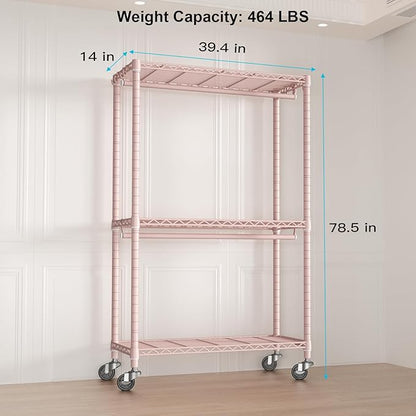P3 Rolling Clothes Rack, Clothing Racks for Hanging Clothes, Heavy Duty Garment Rack with Wheels, Freestanding Portable Closet Organizer 39.4''W x 14''D x 78.5''H, Max Load 464 LBS, Pink