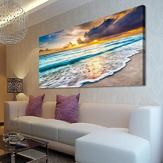 Beach Canvas Wall Art Seascape Theme Pictures Home Decor Blue Ocean White Wave Sunset Prints Painting for Living Room Bathroom Bedroom Kitchen Office Decorations Natural Landscape Artwork 28x57 inches