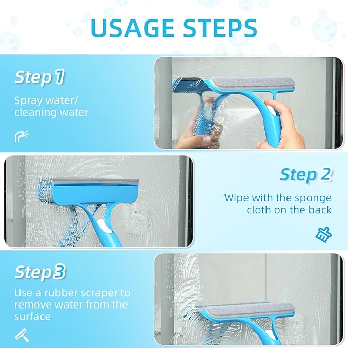 3 in 1 Window Cleaning Scraper with 2 Replaceable Cleaning Cotton Strips,Suitable for Cleaning Bathroom Glass, Window Squeegee, Mirrors, Car Windows
