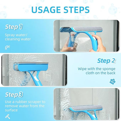 3 in 1 Window Cleaning Scraper with 2 Replaceable Cleaning Cotton Strips,Suitable for Cleaning Bathroom Glass, Window Squeegee, Mirrors, Car Windows