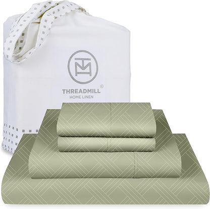 Threadmill Queen Sheet Set for Queen Mattresses | 800 Thread Count Jacquard Celine Sage Green | Better Than Egyptian Cotton | 4 Pc Bed Sheets | Elasticized Deep Pocket | 100% Cotton Sheets