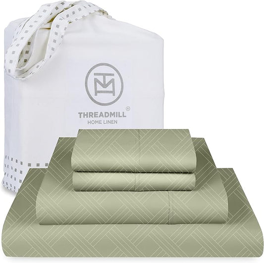 Threadmill Queen Sheet Set for Queen Mattresses | 800 Thread Count Jacquard Celine Sage Green | Better Than Egyptian Cotton | 4 Pc Bed Sheets | Elasticized Deep Pocket | 100% Cotton Sheets