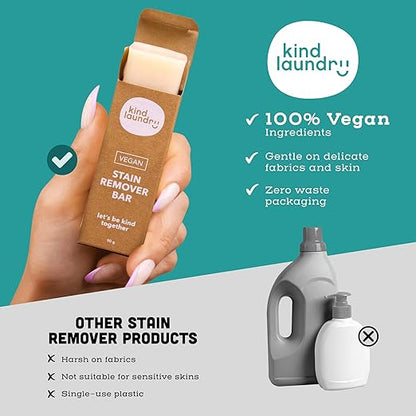Kind Laundry - Vegan Stain Remover Bar, Travel Natural Stain Remover for Clothes, Gluten-and-Cruelty-Free Laundry Stain Remover, Unscented Baby Stain Remover for Laundry, 90 grams