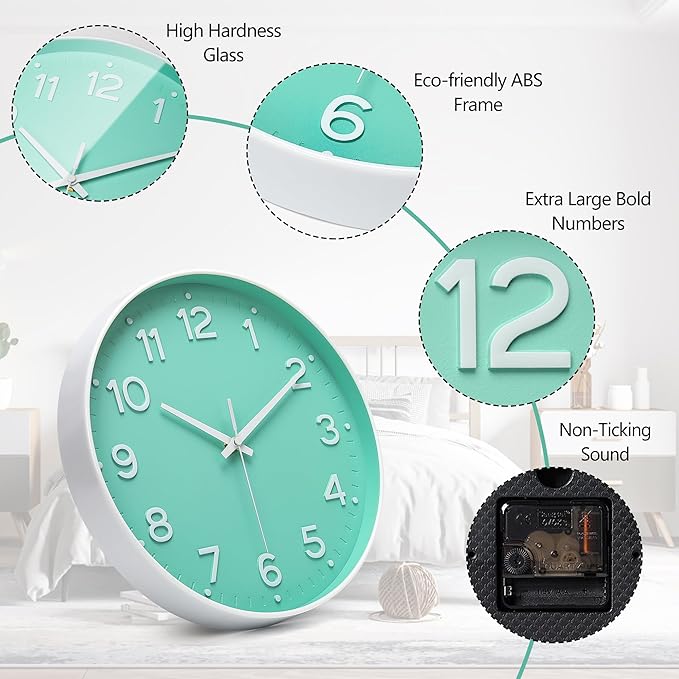 MEIRED Wall Clock 12 Inch Silent Non Ticking Battery Operated Round Wall Clock Modern Simple Style Decor Clock for Home/Office/School/Kitchen/Bedroom/Living Room, Bean Green and White
