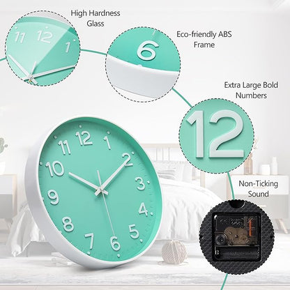 MEIRED Wall Clock 12 Inch Silent Non Ticking Battery Operated Round Wall Clock Modern Simple Style Decor Clock for Home/Office/School/Kitchen/Bedroom/Living Room, Bean Green and White