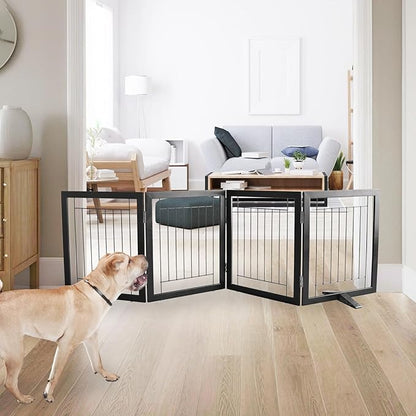 ZJSF Freestanding Dog Gate Indoor, Foldable Dog Fence for Doorways,Hallways or Stairs, Sturdy Wood Extra Wide Pet Gate with Support Feet,Black,24 "Height-4 Panels