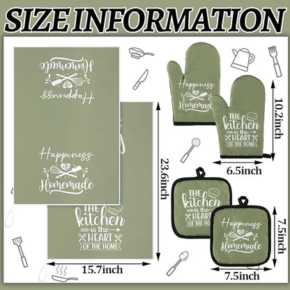 Sratte 6 Pcs Kitchen Decor Accessories Set Farmhouse Towels Pot Holders Oven Mitts Set 2 Dish Towels 2 Potholders 2 Cooking Mittens Oven Glove for Christmas Baking Cooking Supply(Green,Kitchen)