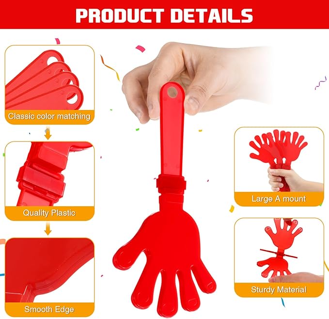 Junkin 48 Pcs Hand Clappers Bulk 7. 5 x 3. 5 Inches Noise Makers Party Favors Clapping Noise Maker Clacker for Birthdays Game Prizes Rewards Football Sporting Events Cheers Supplies (Red)