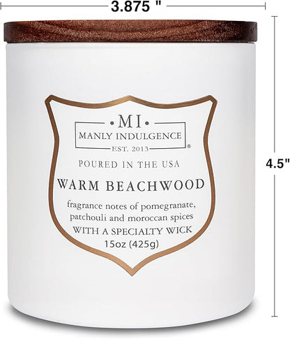 Manly Indulgence Warm Beachwood Scented Candles for Men, 15 oz Wooden Wick, Premium Soy Blend Wax, 60H Burn, Candles for Home Scented - Made in The USA