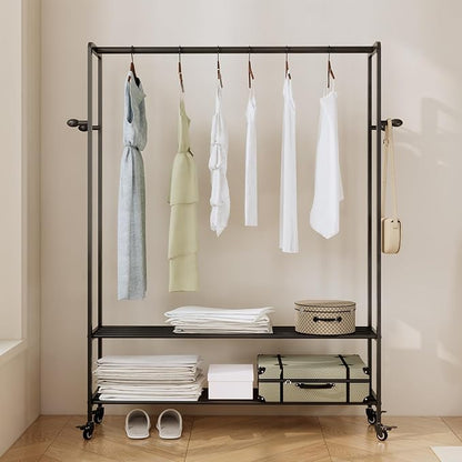 Rolling Clothes Rack, 47.2" Wide Metal Garment Rack,Heavy Duty Clothing Rack for Hanging Clothes with Wheels & bottom Shelves for Coats, Shirts, Dress