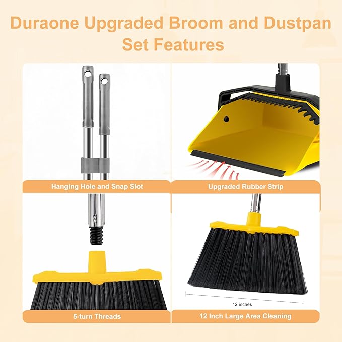 3-Pack Commercial Broom and Dustpan Combo Set, Industrial 51'' Broom and Dustpan Set, Large Standing Bulk Dust Pan Long Handle for Hall Office Garage Floor Outdoor - Bright Yellow