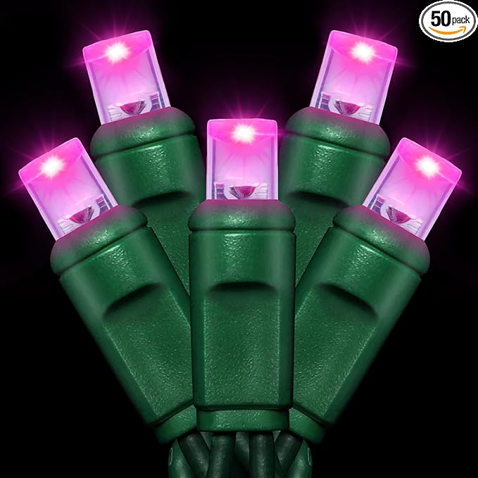 25ft 50 Counts Pink LED Christmas Lights - Commercial Grade Pink Christmas Decoration Outdoor Waterproof,LED Lights 5mm Wide Angle Green Wire, Xmas Tree Light, IP65, UL
