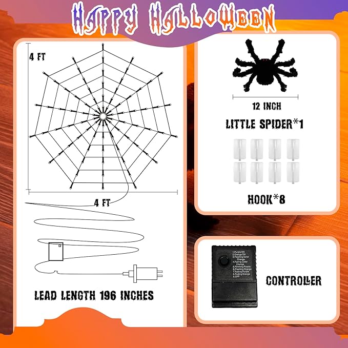 Vanthylit Halloween Decorations, Spider Web Lights for Home, 4FT 84LED Light Up Spiderweb with Black Spider, Halloween Lights for Haunted Window Room Indoor Outdoor Decorations (Orange & Purple)