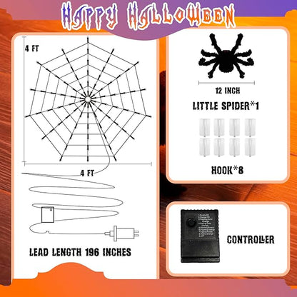 Vanthylit Halloween Decorations, Spider Web Lights for Home, 4FT 84LED Light Up Spiderweb with Black Spider, Halloween Lights for Haunted Window Room Indoor Outdoor Decorations (Orange & Purple)