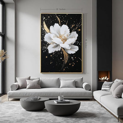 Framed Black and White Flower Canvas Wall Art for Living Room-Hand Painted Floral Wall Pictures for Bedroom- 3D Oil Painting for Office,Kitchen Home Wall Decorations 28" x 40"