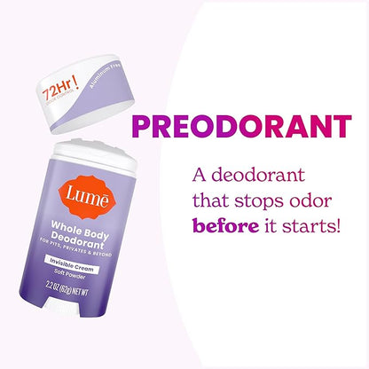 Lume Whole Body Deodorant - Invisible Cream Stick - 72 Hour Odor Control - Aluminum Free, Baking Soda Free, Skin Safe - 2.2 Ounce (Pack of 2) (Soft Powder)