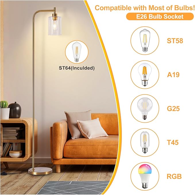 DLLT Floor Lamp Tall for Room: Gold Standing Lamp with Seeded Glass Lampshade for Living Room - Modern Bright Lamp for Bedroom - Industrial Corner Floor Lamps for Office 8W Led Bulb Included