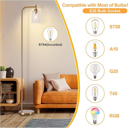 DLLT Floor Lamp Tall for Room: Gold Standing Lamp with Seeded Glass Lampshade for Living Room - Modern Bright Lamp for Bedroom - Industrial Corner Floor Lamps for Office 8W Led Bulb Included