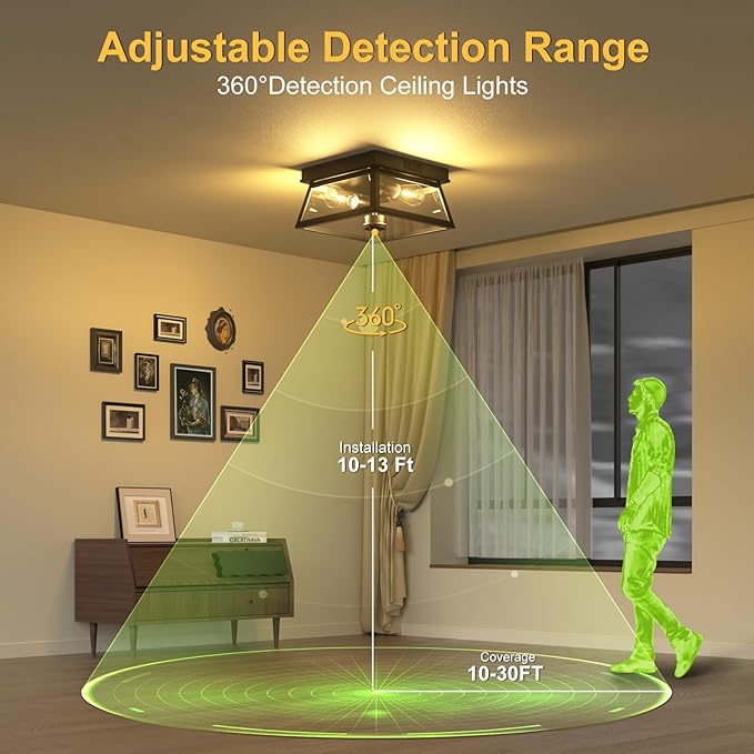 Motion Sensor Outdoor Ceiling Light, Flush Mount Black Porch Ceiling Lights Adjustable 2-Light Fixture with E26 Sockets, Closed Bottom, Glass and Metal for Garage, Patio, Hallway, Farmhouse