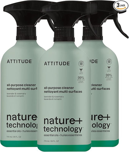 ATTITUDE All-Purpose Cleaner Spray, Natural Origin Ingredients, EWG Verified, Removes Fingerprints, Dust and Dirt, Streak-Less, Lavender & Rosemary, 26 Fl Oz (Pack of 3)