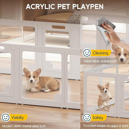 Albott Acrylic Clear Dog Playpen Indoor, Modular Puppy Cat Small Pet Play Pen with 2 Doors, Transparent Fence for Little Dogs, Cats, Rabbits, Easy Assemble and Disassemble, White (24" H, 10 pcs)