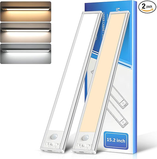 Ascher 15.2inch Under Cabinet Lights, 3000mAh Rechargeable Motion Sensor Light indoor, 3 Color Temperatures & Stepless Dimmable Closet Lights, Magnetic Under Counter Light for Kitchen, Silver - 2 Pack