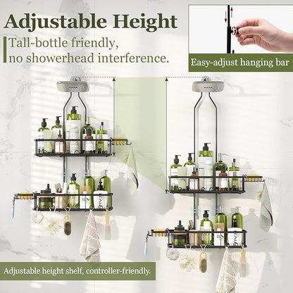 Shower Caddy Hanging: Adjustable Height Organizer for Over Showerhead - Black Rustproof Shower Shelves with Hooks & 2 Soap Holders