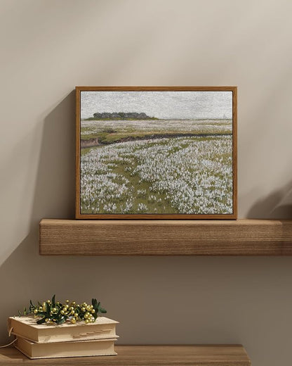InSimSea Framed Canvas Wall Art Vintage Decor, Landscape Wall Art, Boundless Grassland Full of White Flowers Canvas Painting Wall Decor, Retro Farmhouse Bedroom Decoration, 9"x11"