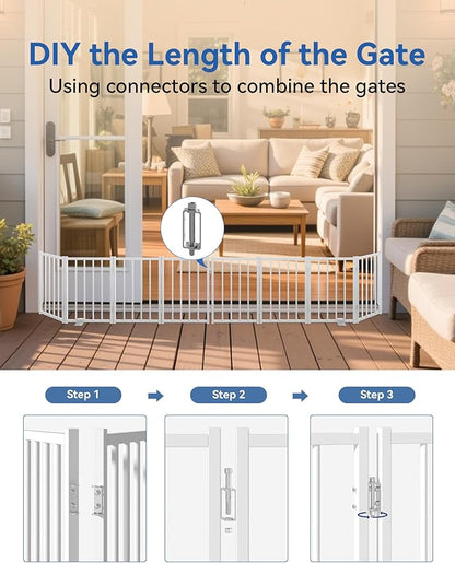 Free Standing Foldable Dog Gate, 16.5" High Step-Over Metal Short Pet Gate, Up to 48" Wide Puppy Fence for Stairs and Doorways, Indoor & Outdoor Use, No Drilling and No Assembly, White