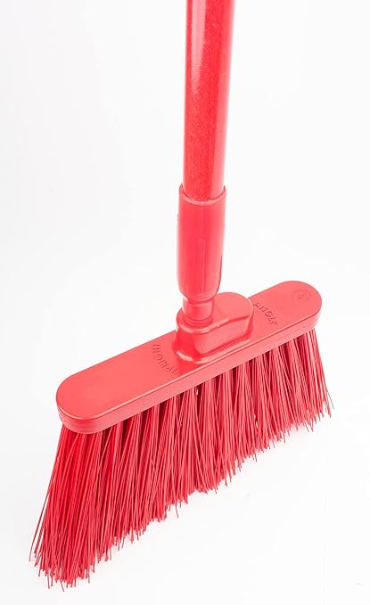 SPARTA 41083EC05 Plastic Color Coded Broom, Unflagged Bristles, Long Broom With Angled Head For Small Debris Cleaning, 56 Inches, Red